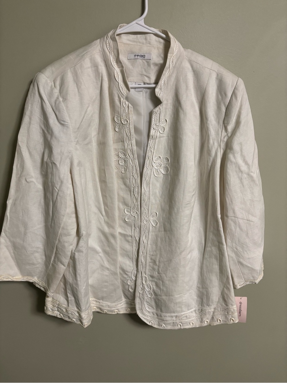Dressbarn Woman 20W Jacket Ivory White Embroidered Linen Blend Open Front Boho